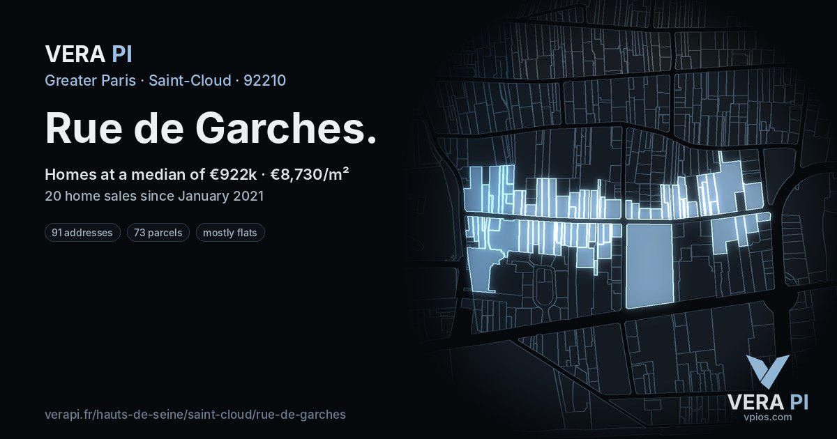 Rue de Garches, Saint-Cloud at night – every parcel coloured by the prices around it, the street's own parcels lit