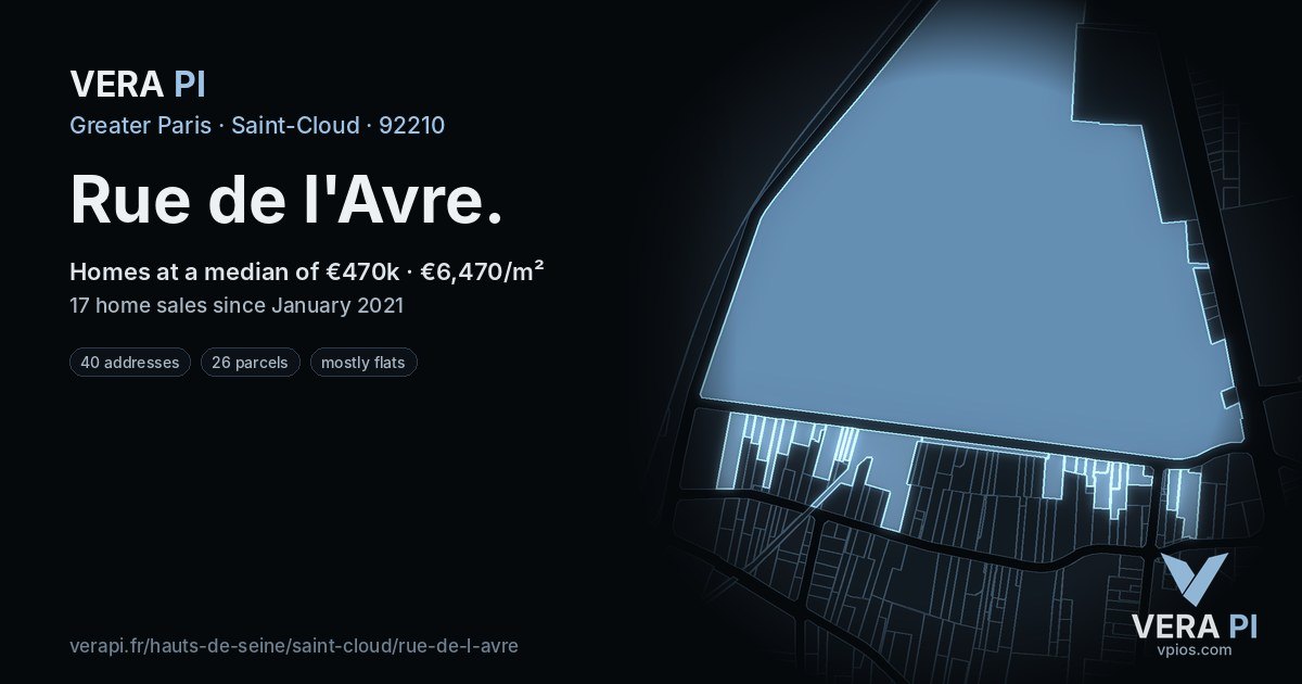 Rue de l'Avre, Saint-Cloud at night – every parcel coloured by the prices around it, the street's own parcels lit