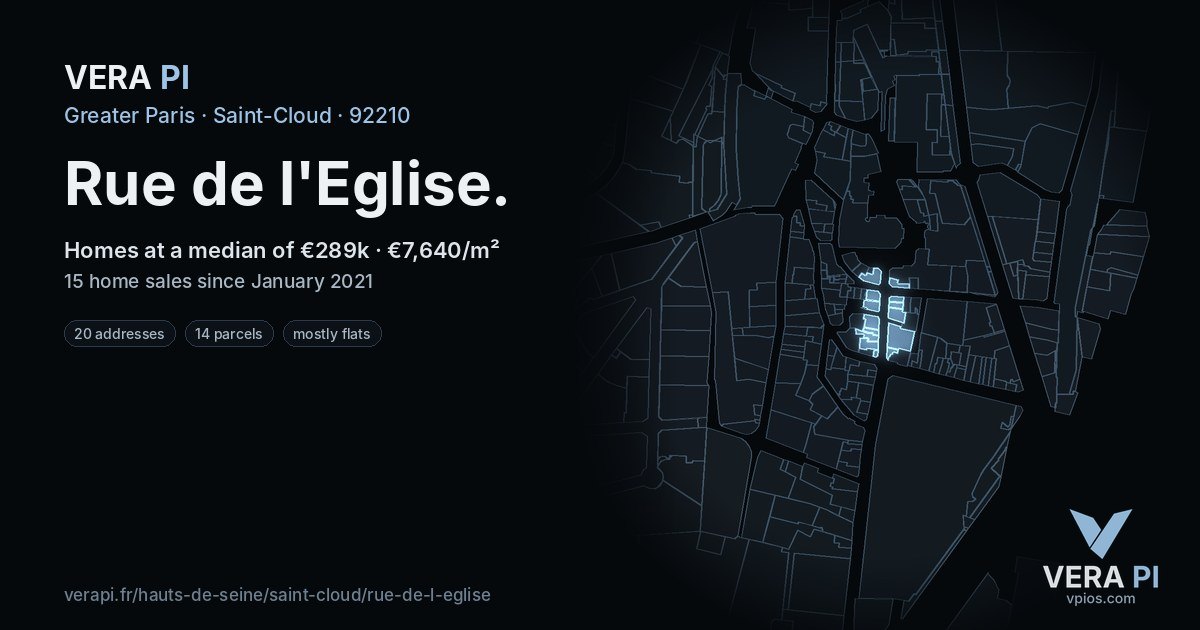 Rue de l'Eglise, Saint-Cloud at night – every parcel coloured by the prices around it, the street's own parcels lit