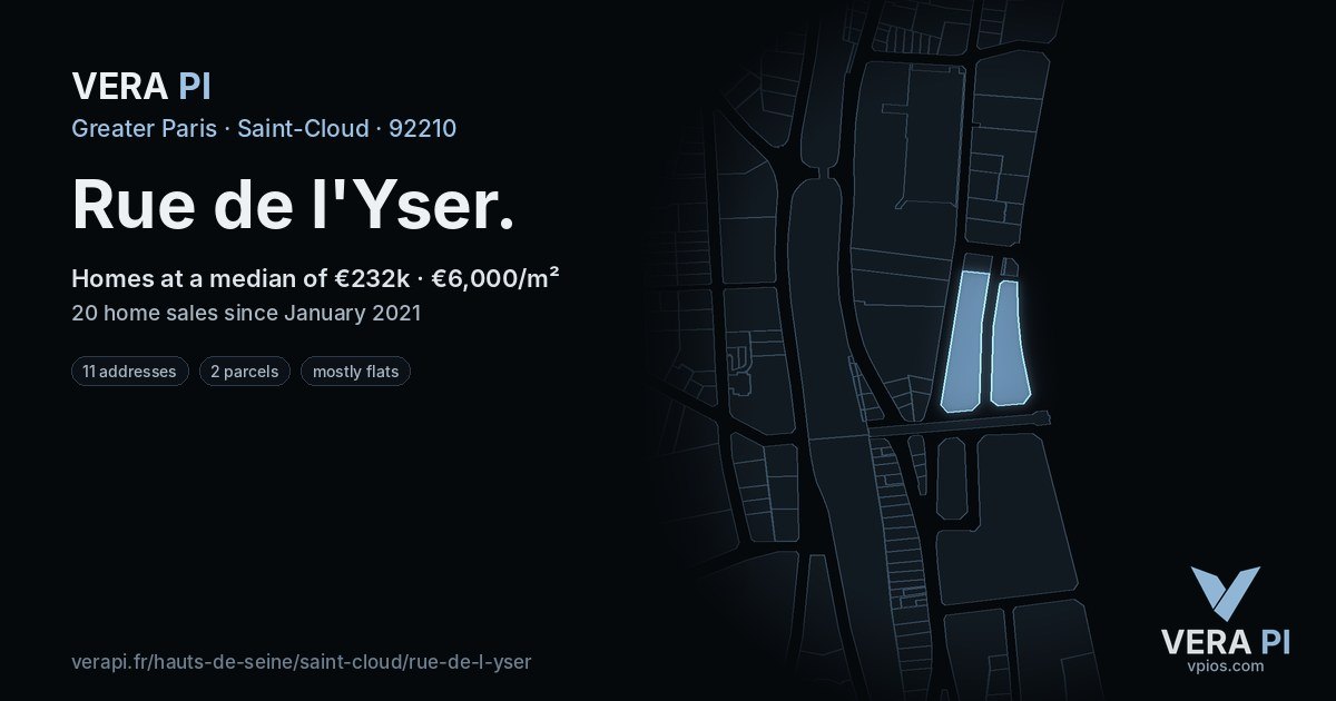 Rue de l'Yser, Saint-Cloud at night – every parcel coloured by the prices around it, the street's own parcels lit
