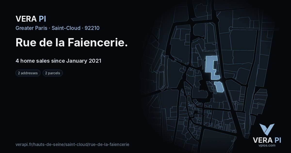 Rue de la Faiencerie, Saint-Cloud at night – every parcel coloured by the prices around it, the street's own parcels lit