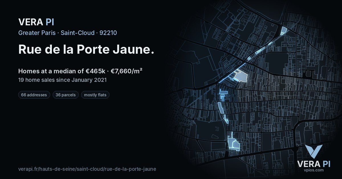 Rue de la Porte Jaune, Saint-Cloud at night – every parcel coloured by the prices around it, the street's own parcels lit