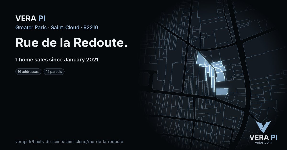 Rue de la Redoute, Saint-Cloud at night – every parcel coloured by the prices around it, the street's own parcels lit