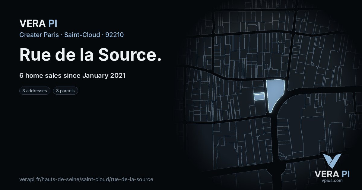 Rue de la Source, Saint-Cloud at night – every parcel coloured by the prices around it, the street's own parcels lit