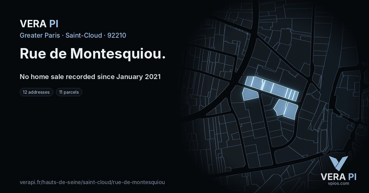 Rue de Montesquiou, Saint-Cloud at night – every parcel coloured by the prices around it, the street's own parcels lit
