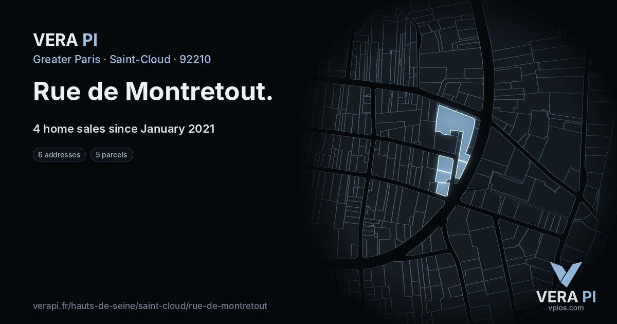 Rue de Montretout, Saint-Cloud at night – every parcel coloured by the prices around it, the street's own parcels lit