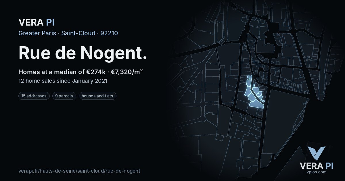 Rue de Nogent, Saint-Cloud at night – every parcel coloured by the prices around it, the street's own parcels lit
