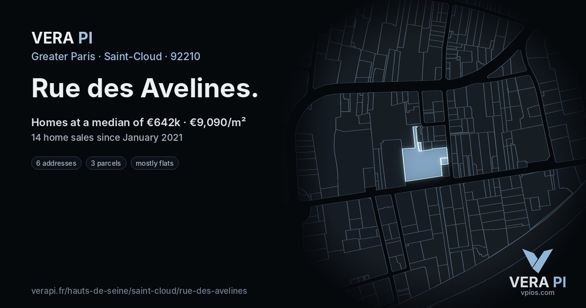 Rue des Avelines, Saint-Cloud at night – every parcel coloured by the prices around it, the street's own parcels lit