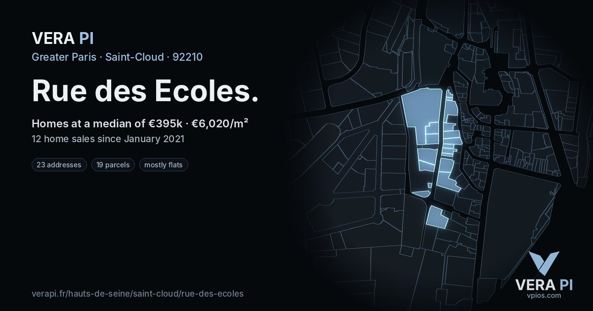 Rue des Ecoles, Saint-Cloud at night – every parcel coloured by the prices around it, the street's own parcels lit