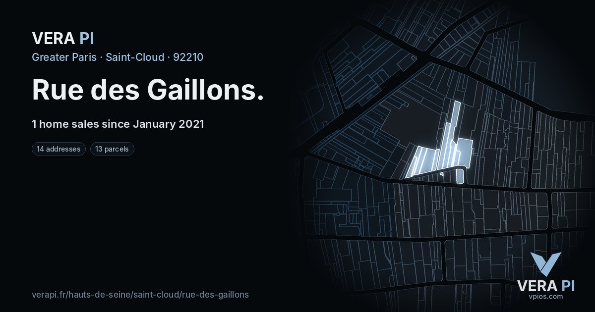 Rue des Gaillons, Saint-Cloud at night – every parcel coloured by the prices around it, the street's own parcels lit