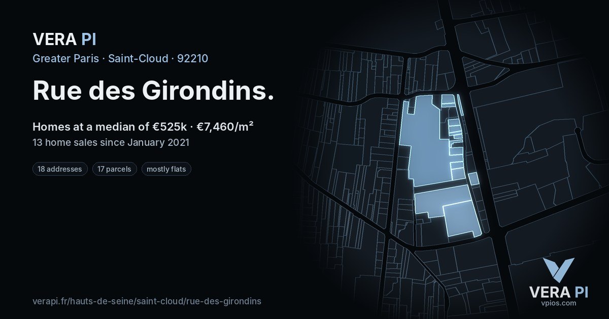 Rue des Girondins, Saint-Cloud at night – every parcel coloured by the prices around it, the street's own parcels lit