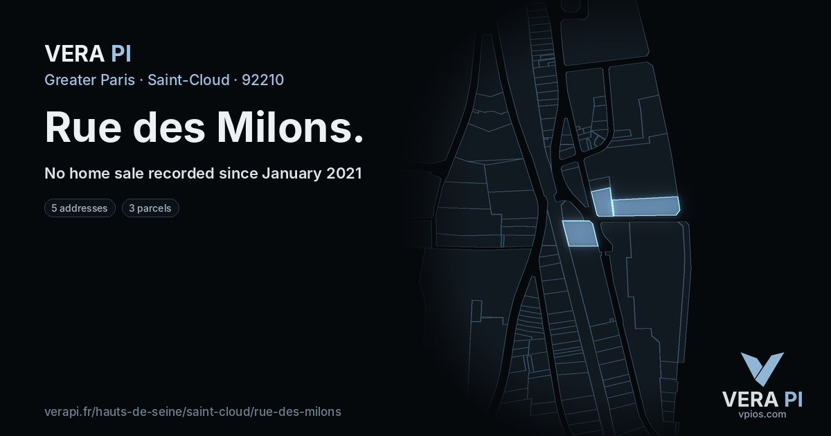 Rue des Milons, Saint-Cloud at night – every parcel coloured by the prices around it, the street's own parcels lit