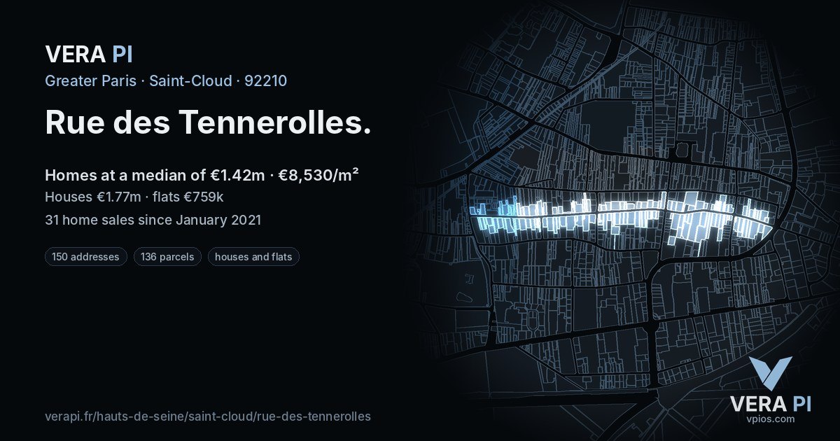 Rue des Tennerolles, Saint-Cloud at night – every parcel coloured by the prices around it, the street's own parcels lit