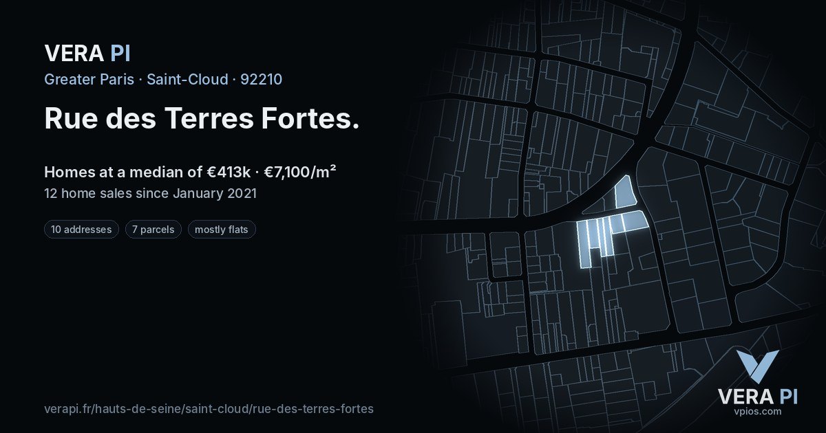 Rue des Terres Fortes, Saint-Cloud at night – every parcel coloured by the prices around it, the street's own parcels lit