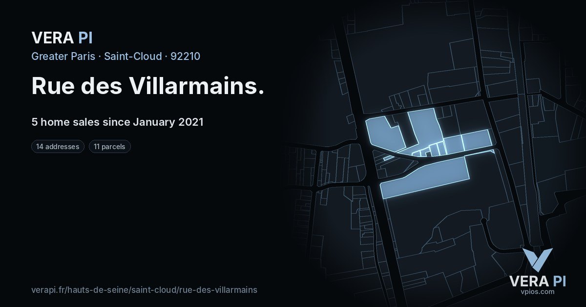 Rue des Villarmains, Saint-Cloud at night – every parcel coloured by the prices around it, the street's own parcels lit