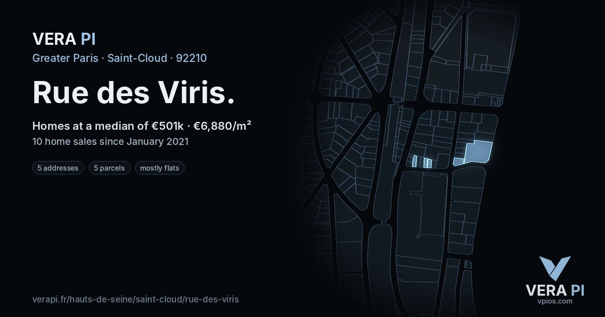 Rue des Viris, Saint-Cloud at night – every parcel coloured by the prices around it, the street's own parcels lit