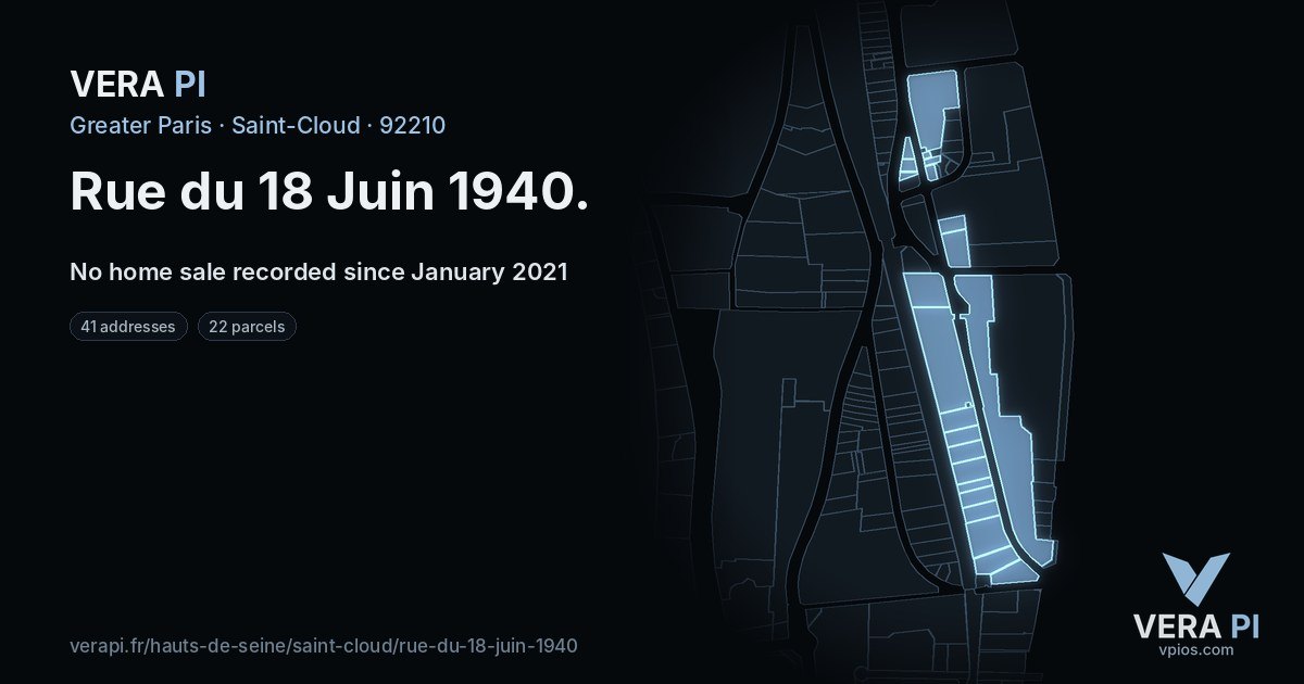 Rue du 18 Juin 1940, Saint-Cloud at night – every parcel coloured by the prices around it, the street's own parcels lit