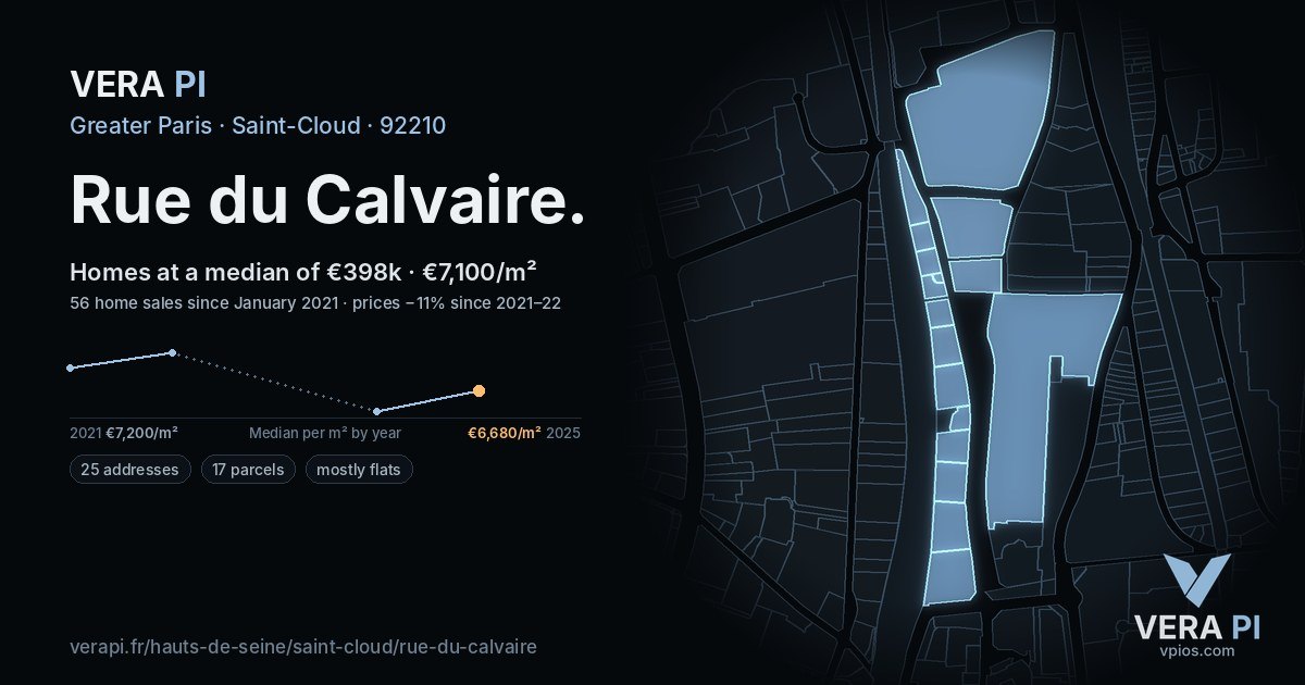 Rue du Calvaire, Saint-Cloud at night – every parcel coloured by the prices around it, the street's own parcels lit