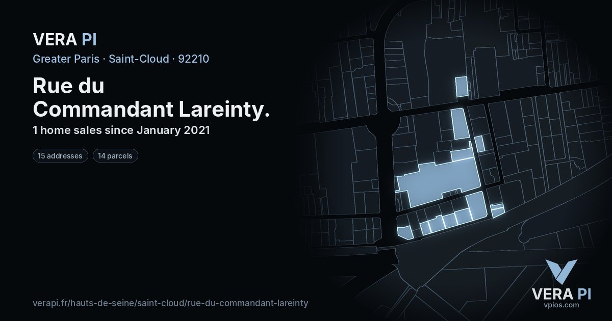 Rue du Commandant Lareinty, Saint-Cloud at night – every parcel coloured by the prices around it, the street's own parcels lit
