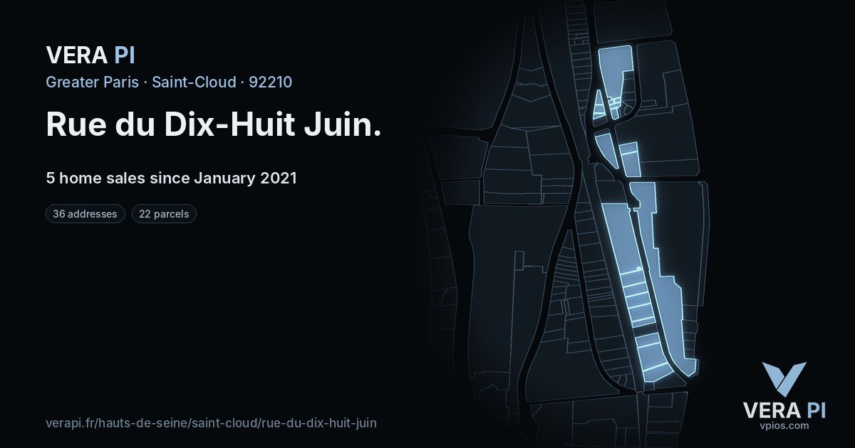 Rue du Dix-Huit Juin, Saint-Cloud at night – every parcel coloured by the prices around it, the street's own parcels lit