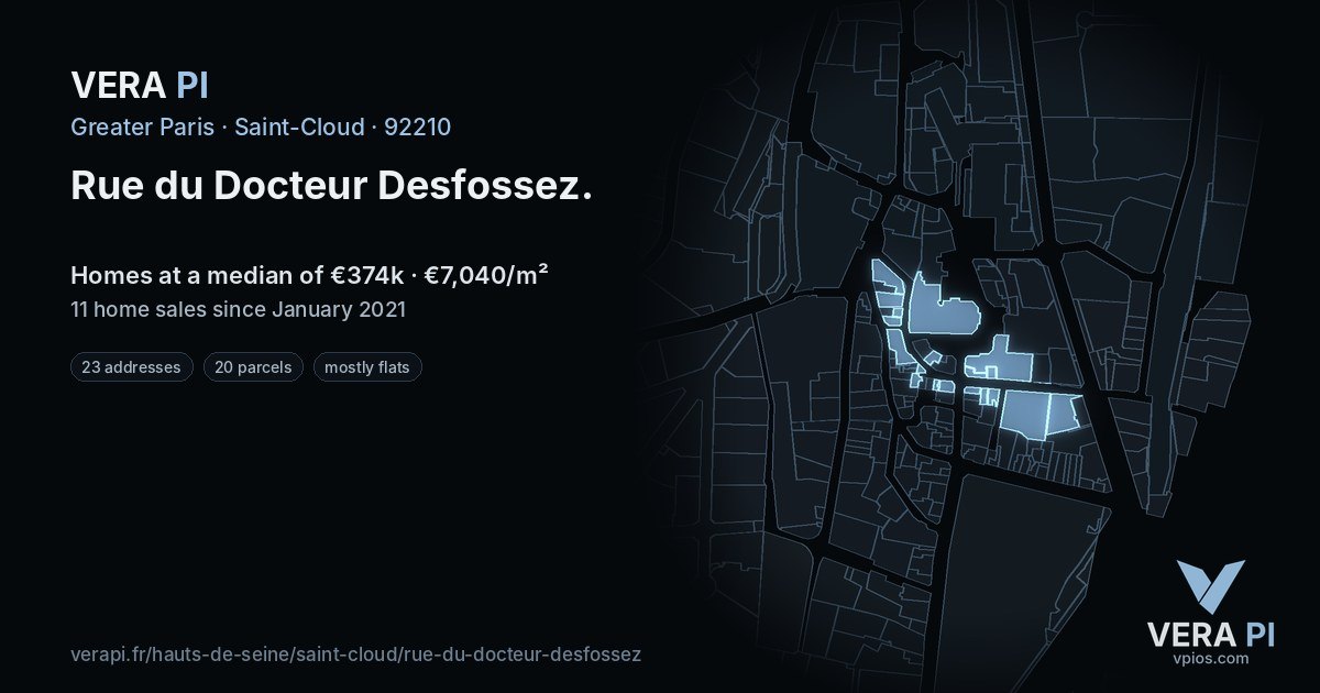 Rue du Docteur Desfossez, Saint-Cloud at night – every parcel coloured by the prices around it, the street's own parcels lit