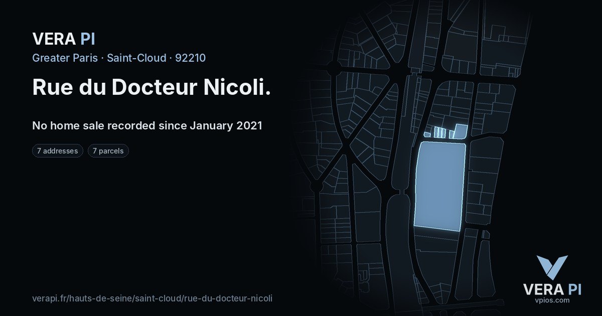 Rue du Docteur Nicoli, Saint-Cloud at night – every parcel coloured by the prices around it, the street's own parcels lit