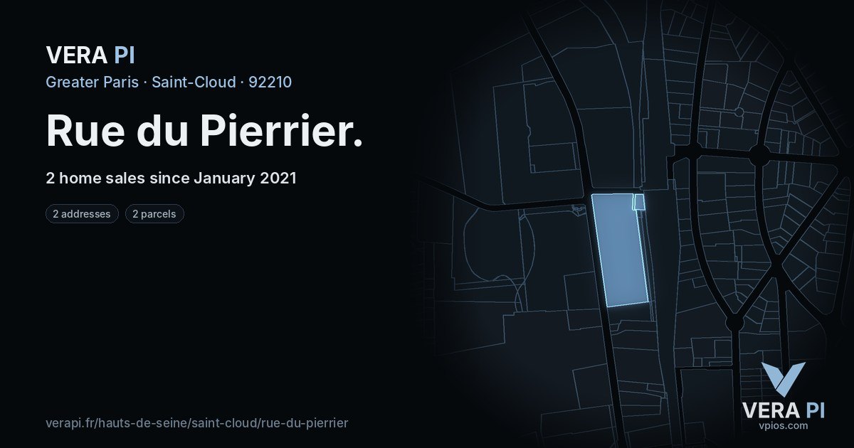 Rue du Pierrier, Saint-Cloud at night – every parcel coloured by the prices around it, the street's own parcels lit