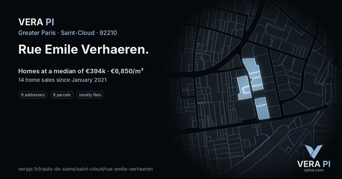Rue Emile Verhaeren, Saint-Cloud at night – every parcel coloured by the prices around it, the street's own parcels lit