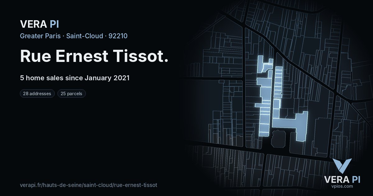 Rue Ernest Tissot, Saint-Cloud at night – every parcel coloured by the prices around it, the street's own parcels lit
