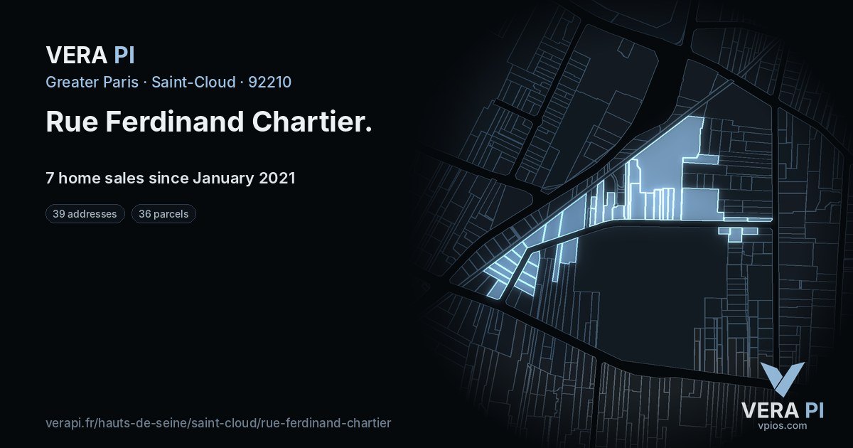 Rue Ferdinand Chartier, Saint-Cloud at night – every parcel coloured by the prices around it, the street's own parcels lit