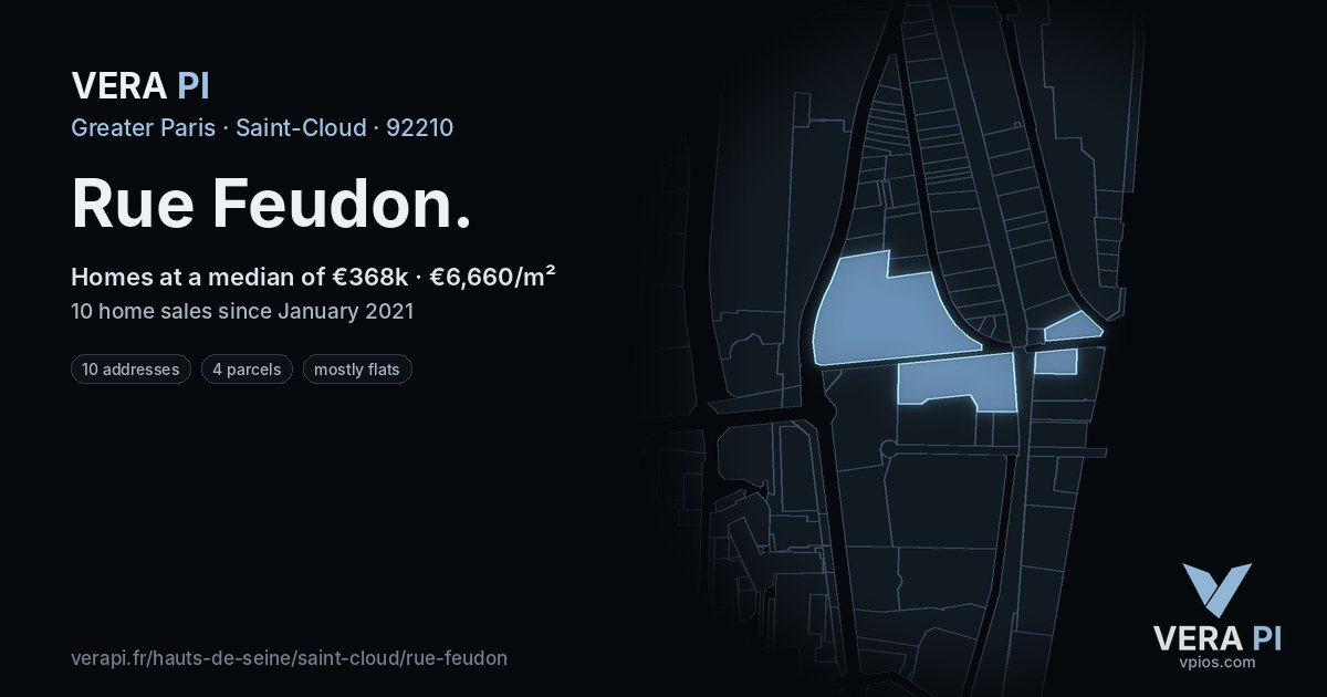 Rue Feudon, Saint-Cloud at night – every parcel coloured by the prices around it, the street's own parcels lit