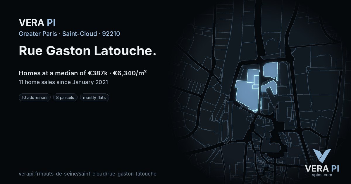 Rue Gaston Latouche, Saint-Cloud at night – every parcel coloured by the prices around it, the street's own parcels lit