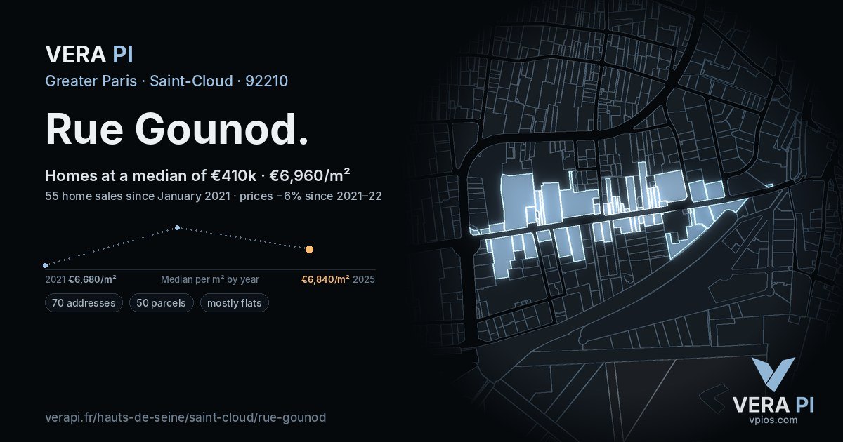 Rue Gounod, Saint-Cloud at night – every parcel coloured by the prices around it, the street's own parcels lit