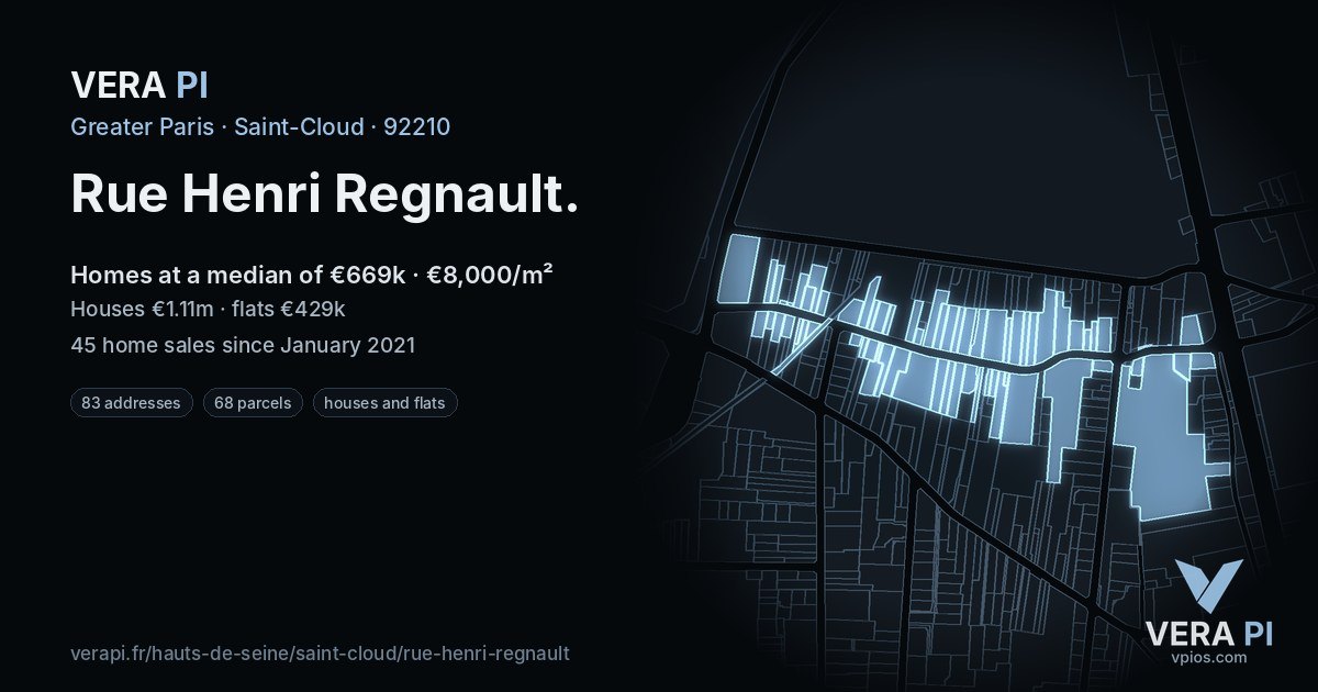 Rue Henri Regnault, Saint-Cloud at night – every parcel coloured by the prices around it, the street's own parcels lit