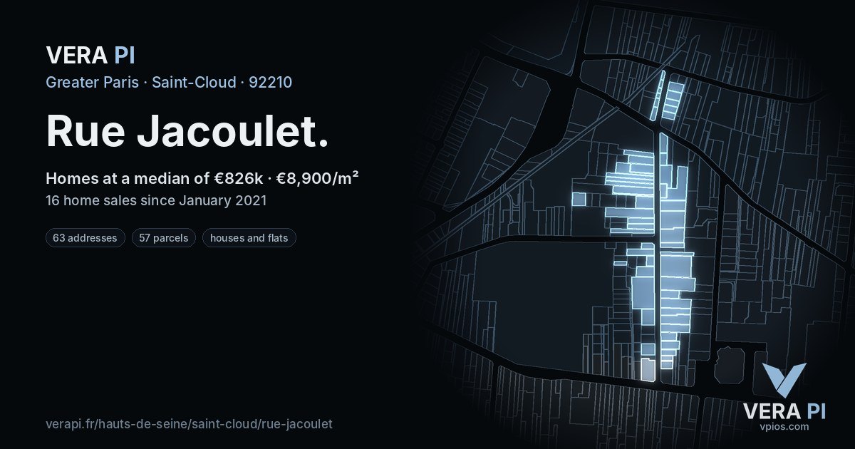Rue Jacoulet, Saint-Cloud at night – every parcel coloured by the prices around it, the street's own parcels lit