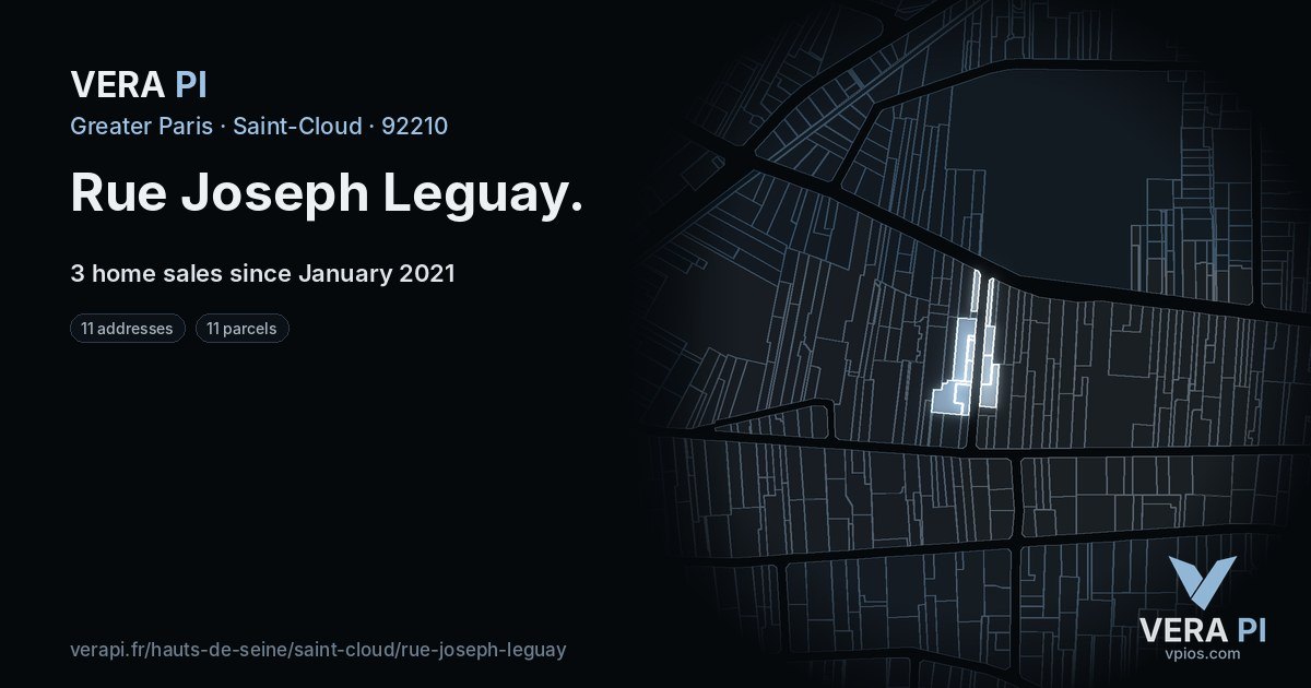 Rue Joseph Leguay, Saint-Cloud at night – every parcel coloured by the prices around it, the street's own parcels lit