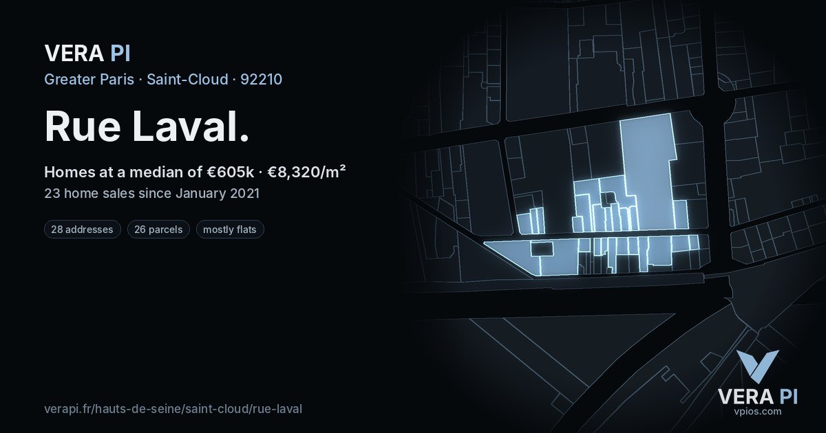 Rue Laval, Saint-Cloud at night – every parcel coloured by the prices around it, the street's own parcels lit