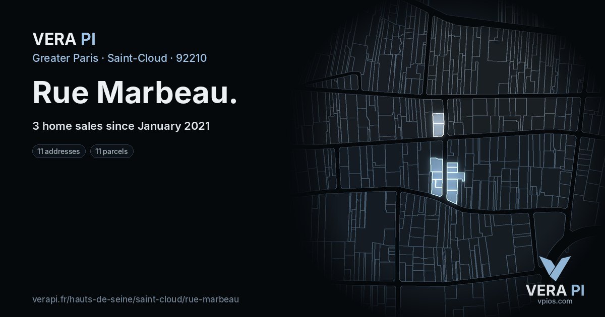 Rue Marbeau, Saint-Cloud at night – every parcel coloured by the prices around it, the street's own parcels lit
