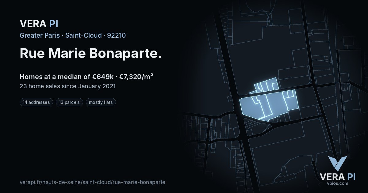Rue Marie Bonaparte, Saint-Cloud at night – every parcel coloured by the prices around it, the street's own parcels lit