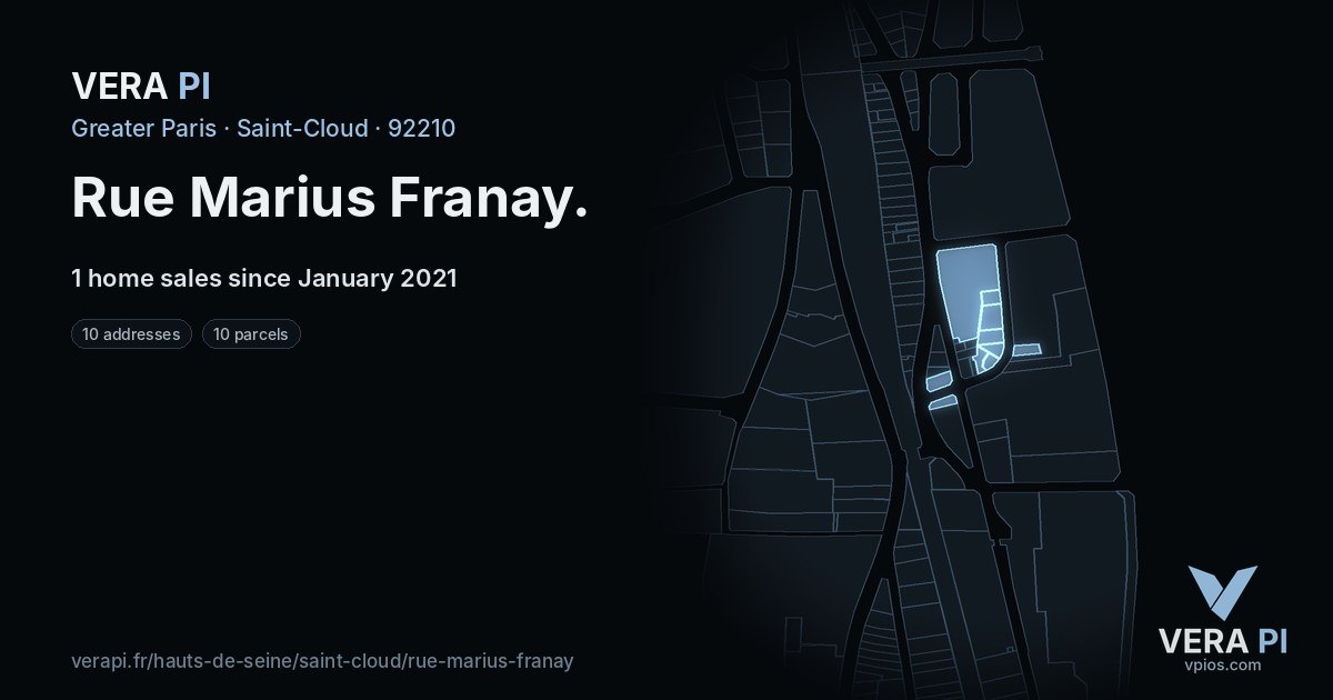 Rue Marius Franay, Saint-Cloud at night – every parcel coloured by the prices around it, the street's own parcels lit