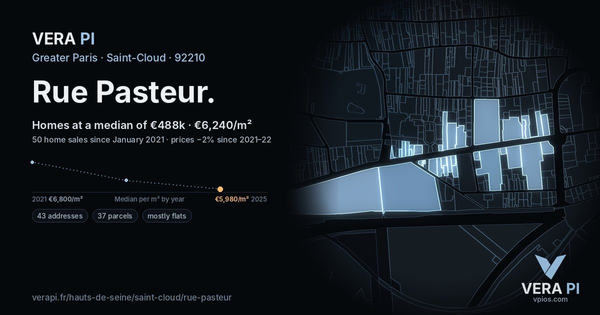 Rue Pasteur, Saint-Cloud at night – every parcel coloured by the prices around it, the street's own parcels lit