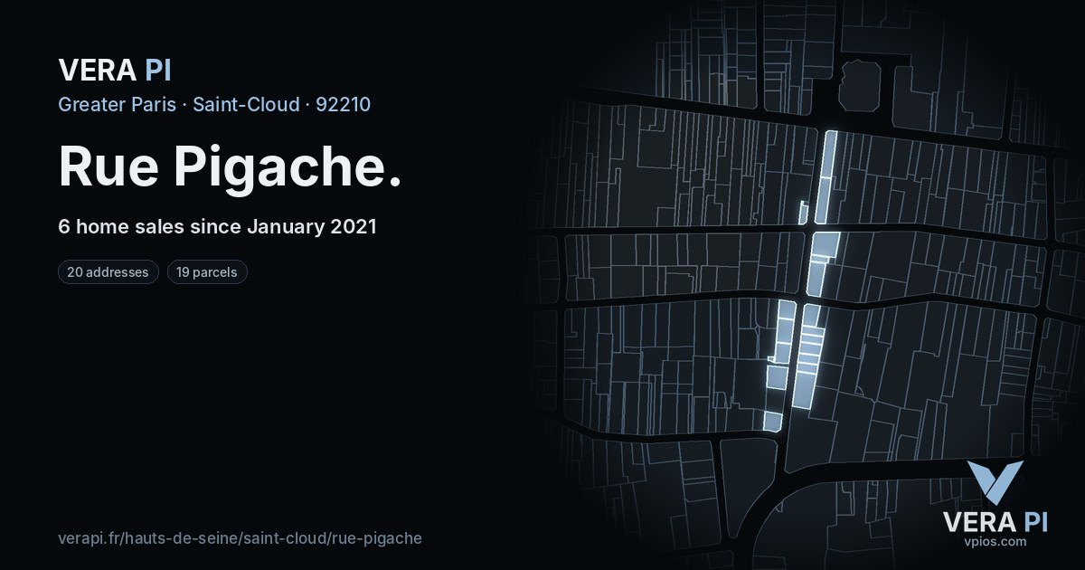 Rue Pigache, Saint-Cloud at night – every parcel coloured by the prices around it, the street's own parcels lit
