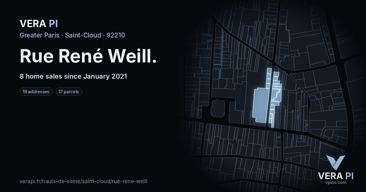 Rue René Weill, Saint-Cloud at night – every parcel coloured by the prices around it, the street's own parcels lit