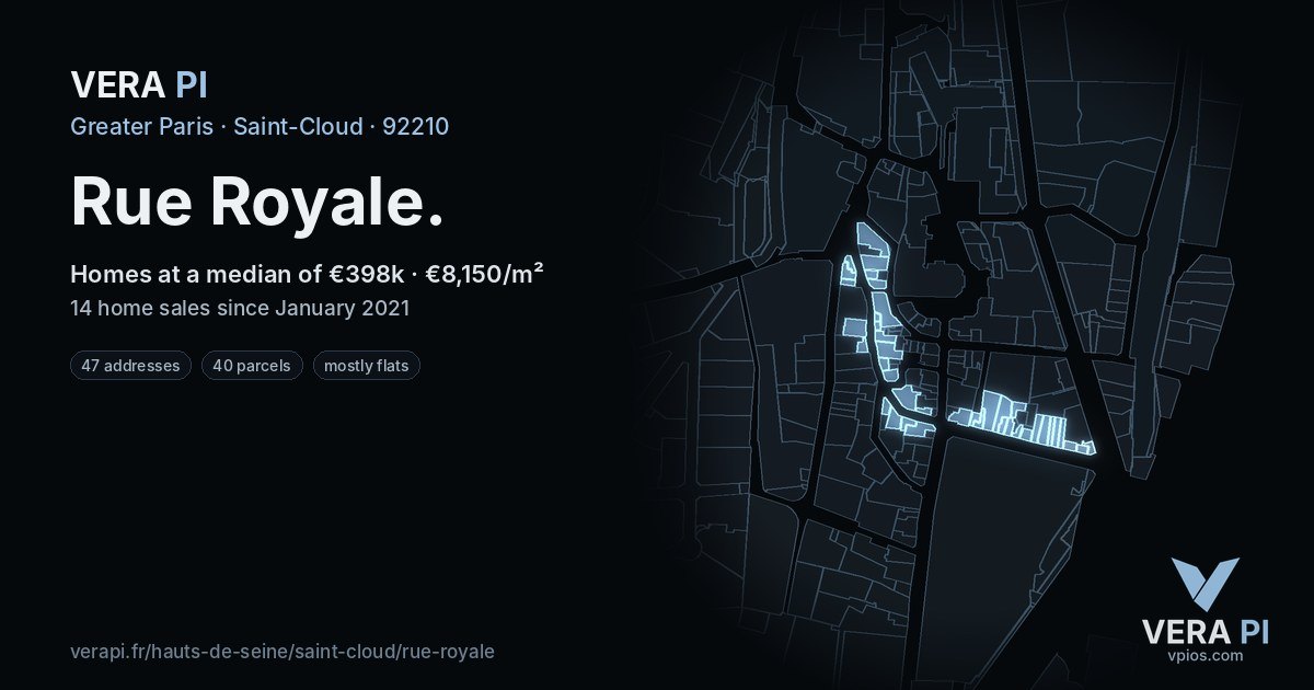 Rue Royale, Saint-Cloud at night – every parcel coloured by the prices around it, the street's own parcels lit
