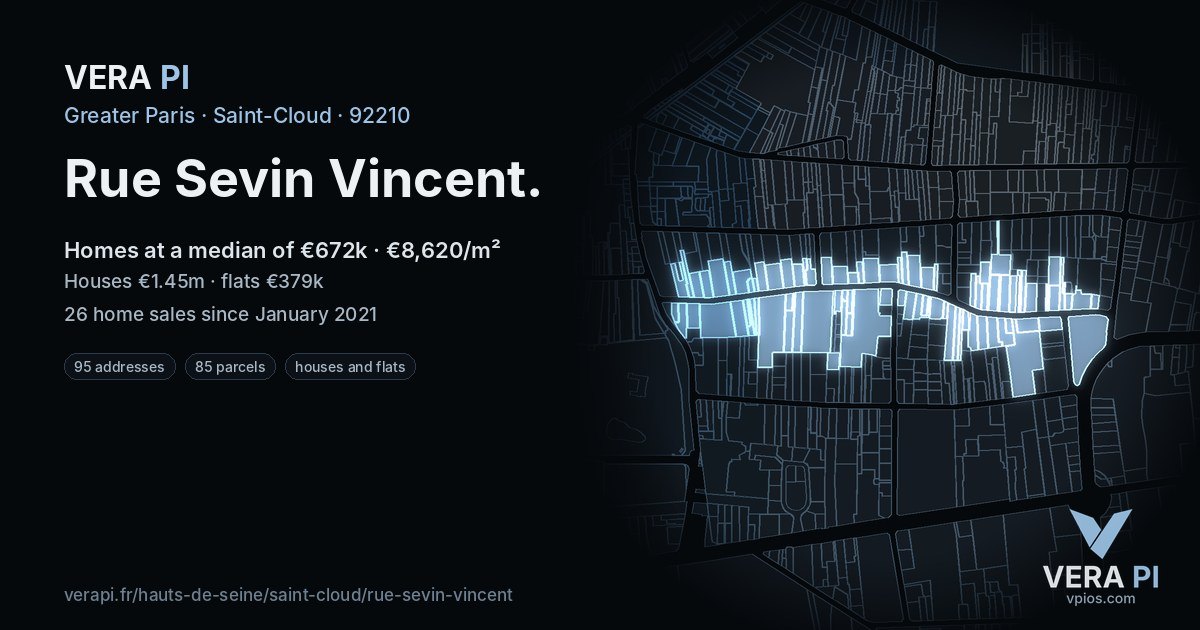 Rue Sevin Vincent, Saint-Cloud at night – every parcel coloured by the prices around it, the street's own parcels lit