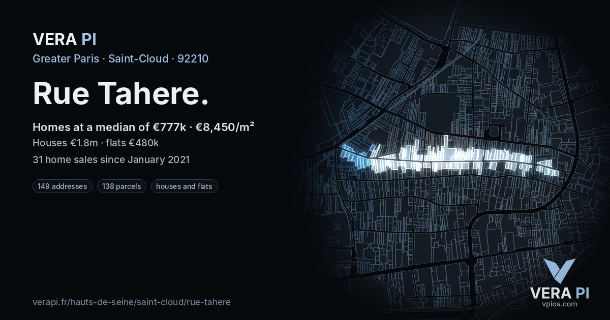 Rue Tahere, Saint-Cloud at night – every parcel coloured by the prices around it, the street's own parcels lit