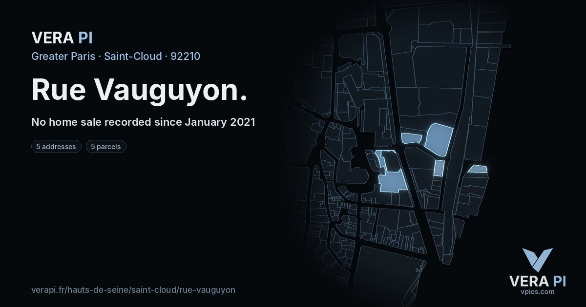 Rue Vauguyon, Saint-Cloud at night – every parcel coloured by the prices around it, the street's own parcels lit