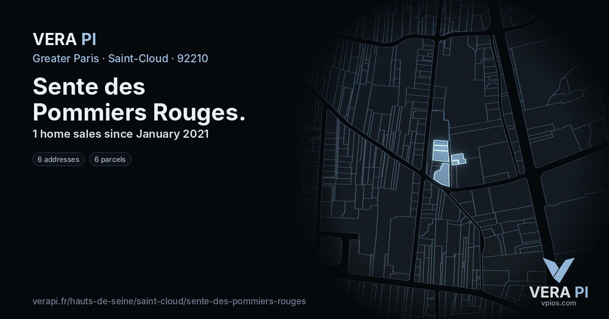 Sente des Pommiers Rouges, Saint-Cloud at night – every parcel coloured by the prices around it, the street's own parcels lit