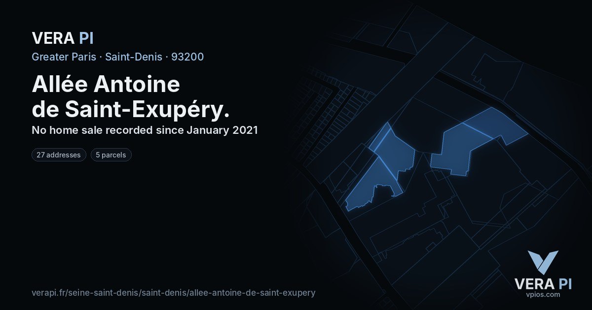 Allée Antoine de Saint-Exupéry, Saint-Denis at night – every parcel coloured by the prices around it, the street's own parcels lit