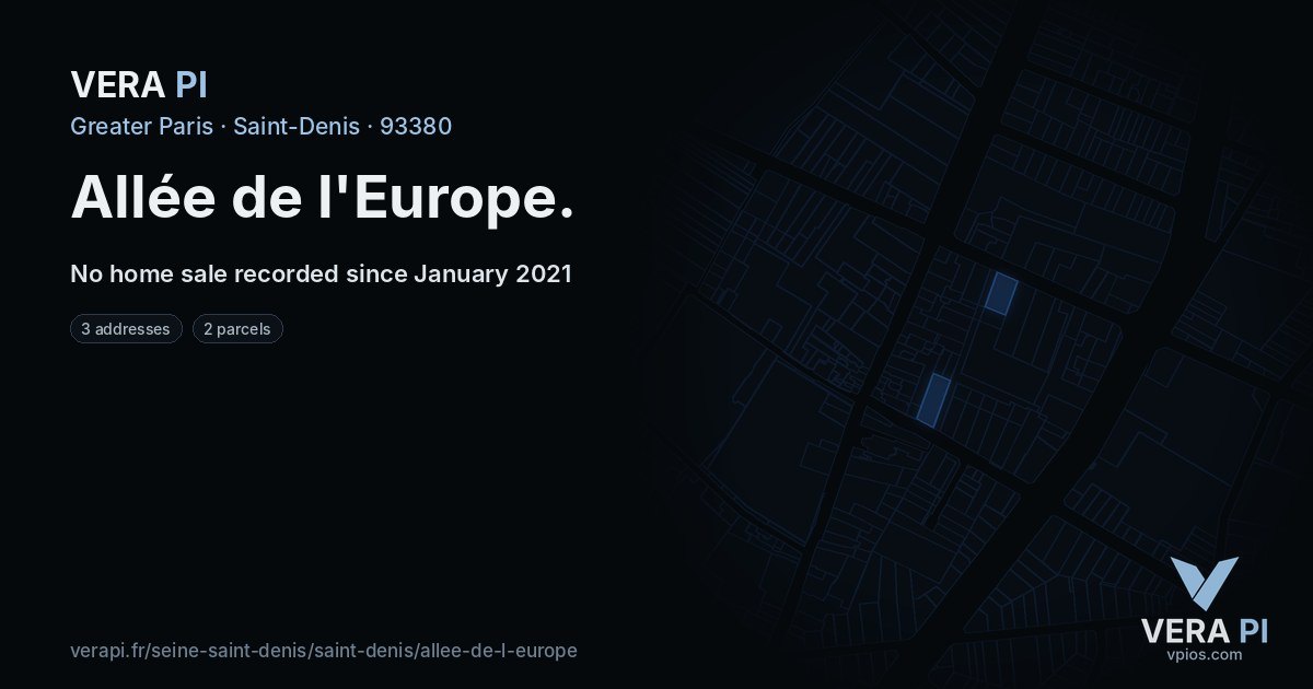 Allée de l'Europe, Saint-Denis at night – every parcel coloured by the prices around it, the street's own parcels lit
